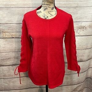 Ball of Cotton Lightweight Sweater Lace Up 3/4 Sleeves Red Size Small